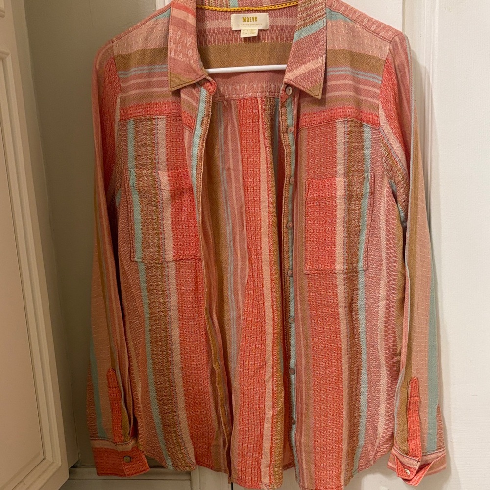 Maeve Coral and Aqua Stripe Button-Down Shirt